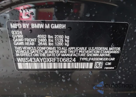 2024 BMW M3 Competition xDrive z USA, uszkodzony, nr VIN WBS43AY0XRFT06824